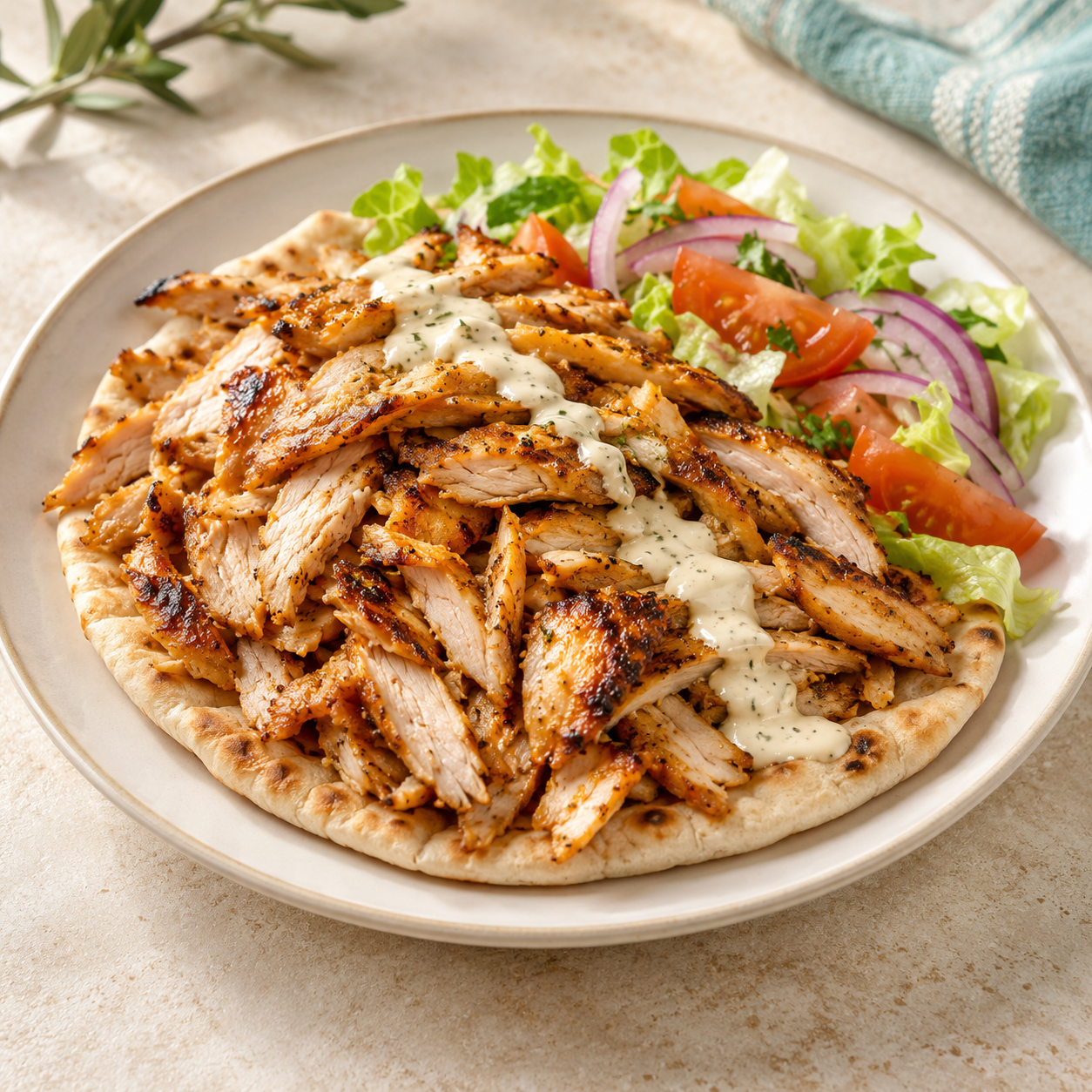 Kycklingkebab – illustrerat serveringsförslag med bröd och sallad